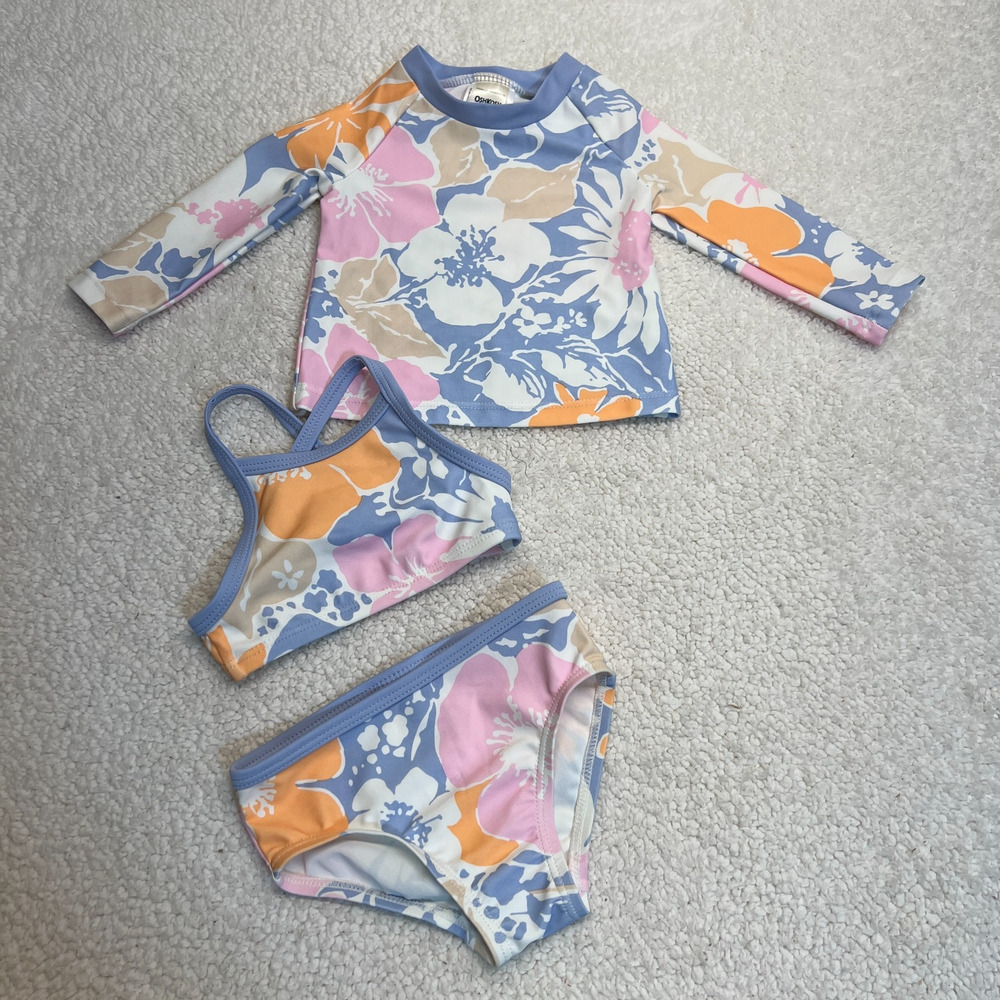 OshKosh Girl 3 Piece Swimsuit Aloha Flower Rash Guard Pink/Blue/Multicolor Sz 3M